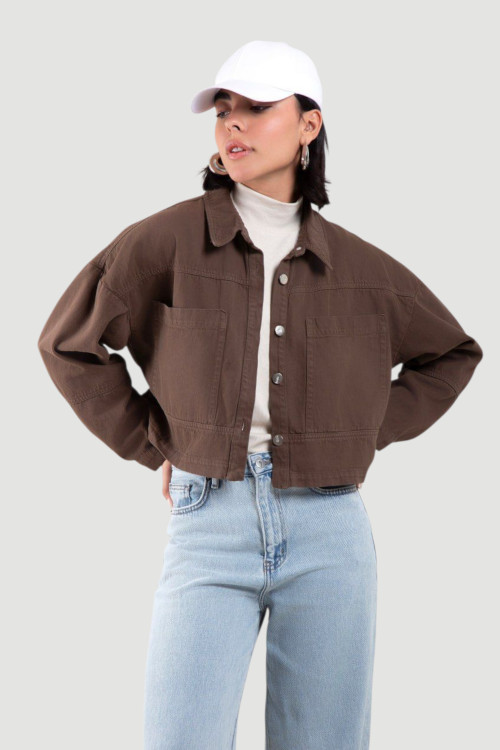 کت کتان کراپ رنگ قهوه ای