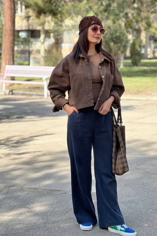 کت کتان کراپ رنگ قهوه ای